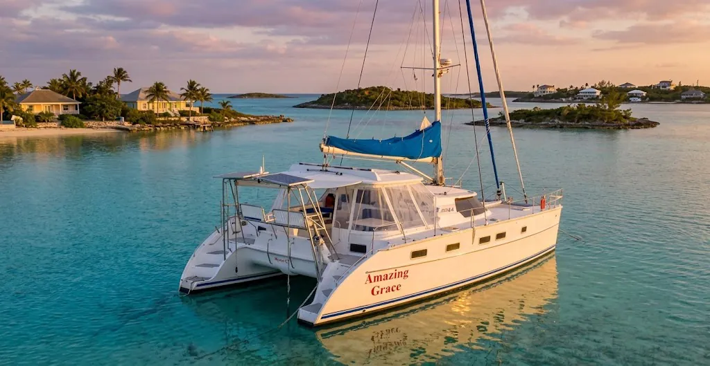Amazing Grace PDQ Antares 44 anchored in clear Bahamas water