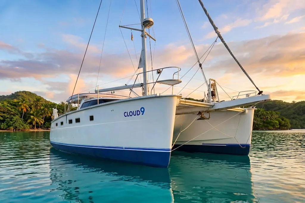Cloud Nine Antares 44 catamaran sailing profile with name visible on the hull