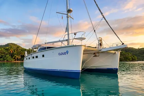 Cloud Nine Antares 44 catamaran sailing profile with name visible on the hull