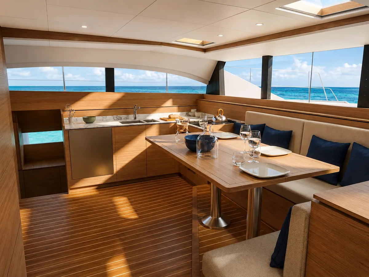 Sunlit Antares 46 saloon and galley with ocean views for liveaboard cruising
