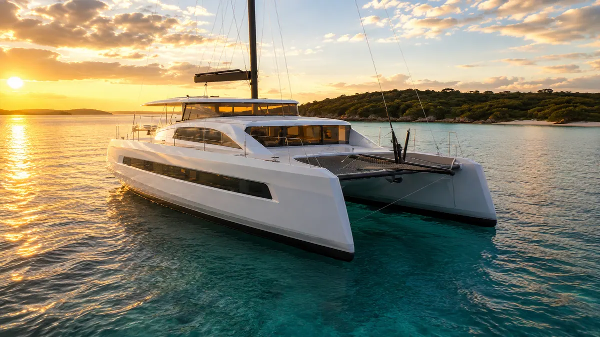 Antares 46 anchored at sunset in calm tropical water