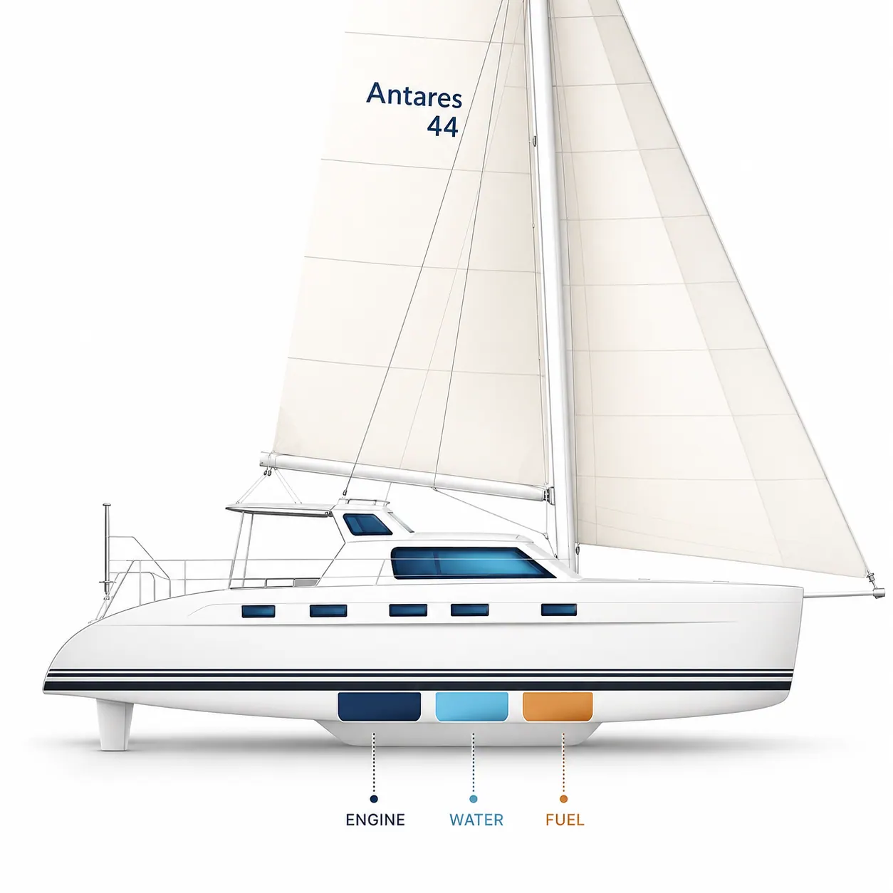 Illustration of an Antares 44 profile with labeled engine, water, and fuel placement