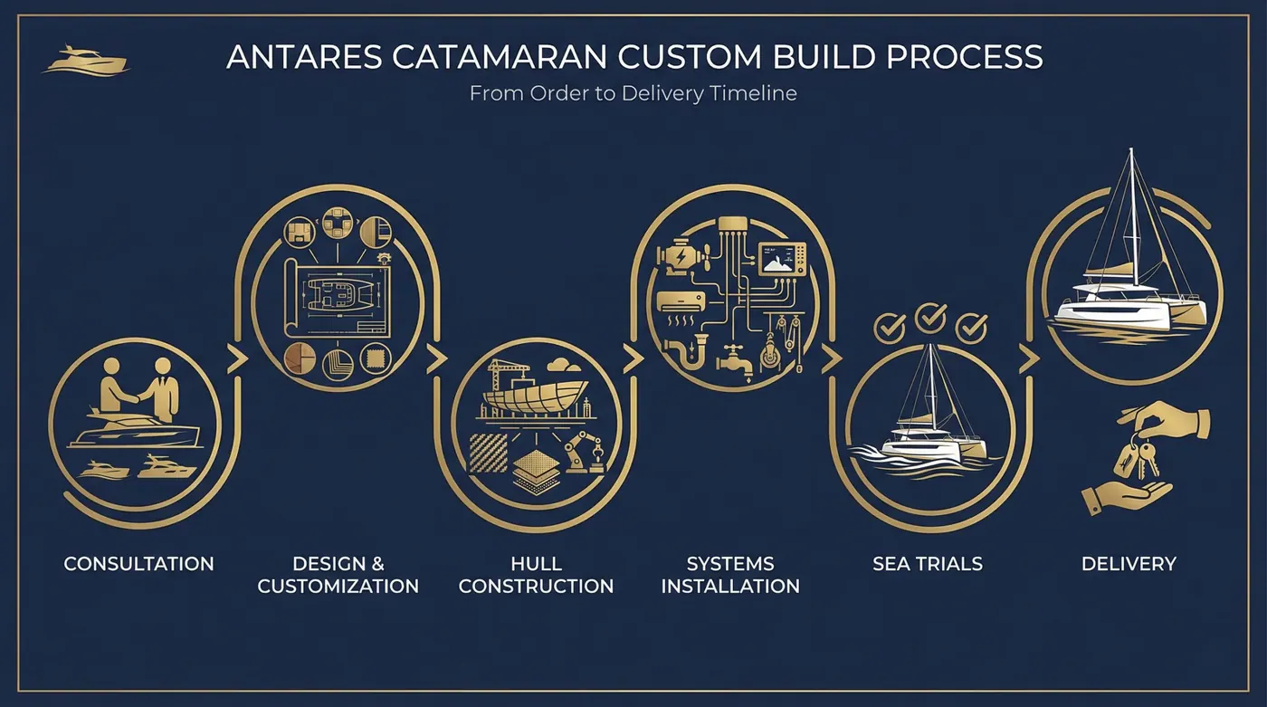 Antares Catamarans build timeline from PDQ Yachts founding to present