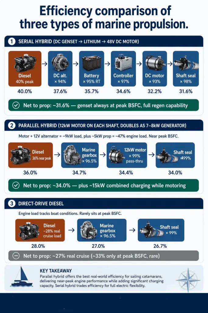 Marine propulsion efficiency comparison chart: serial hybrid vs parallel hybrid vs direct-drive diesel systems