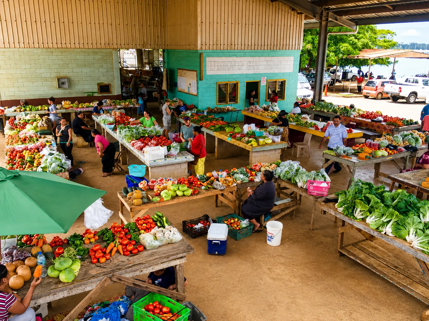 Open-air produce market with fresh vegetables and fruit, illustrating the provisioning phase before buying late-stage fresh food for passage.