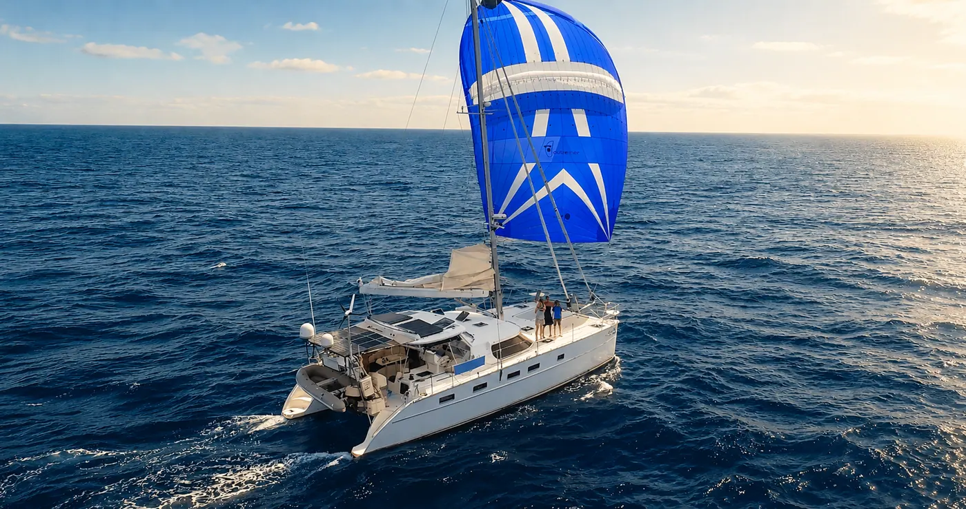 Offshore catamaran sailing under a bright blue spinnaker in open water at sunset.