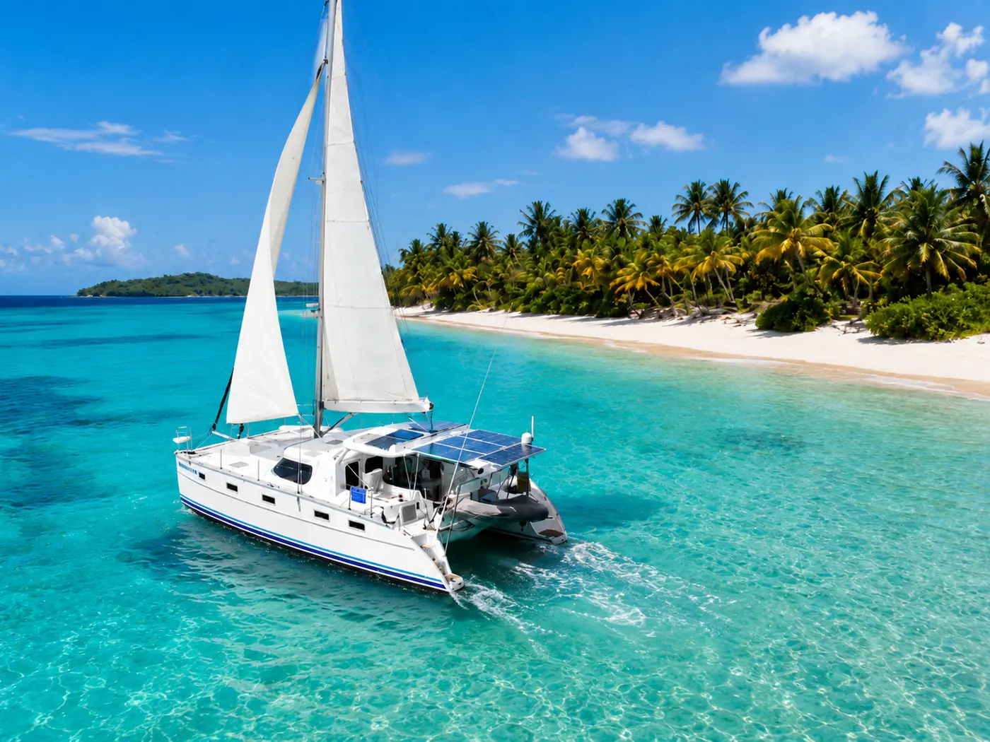 White sailing catamaran under full sail in clear turquoise water off a palm-lined tropical beach.