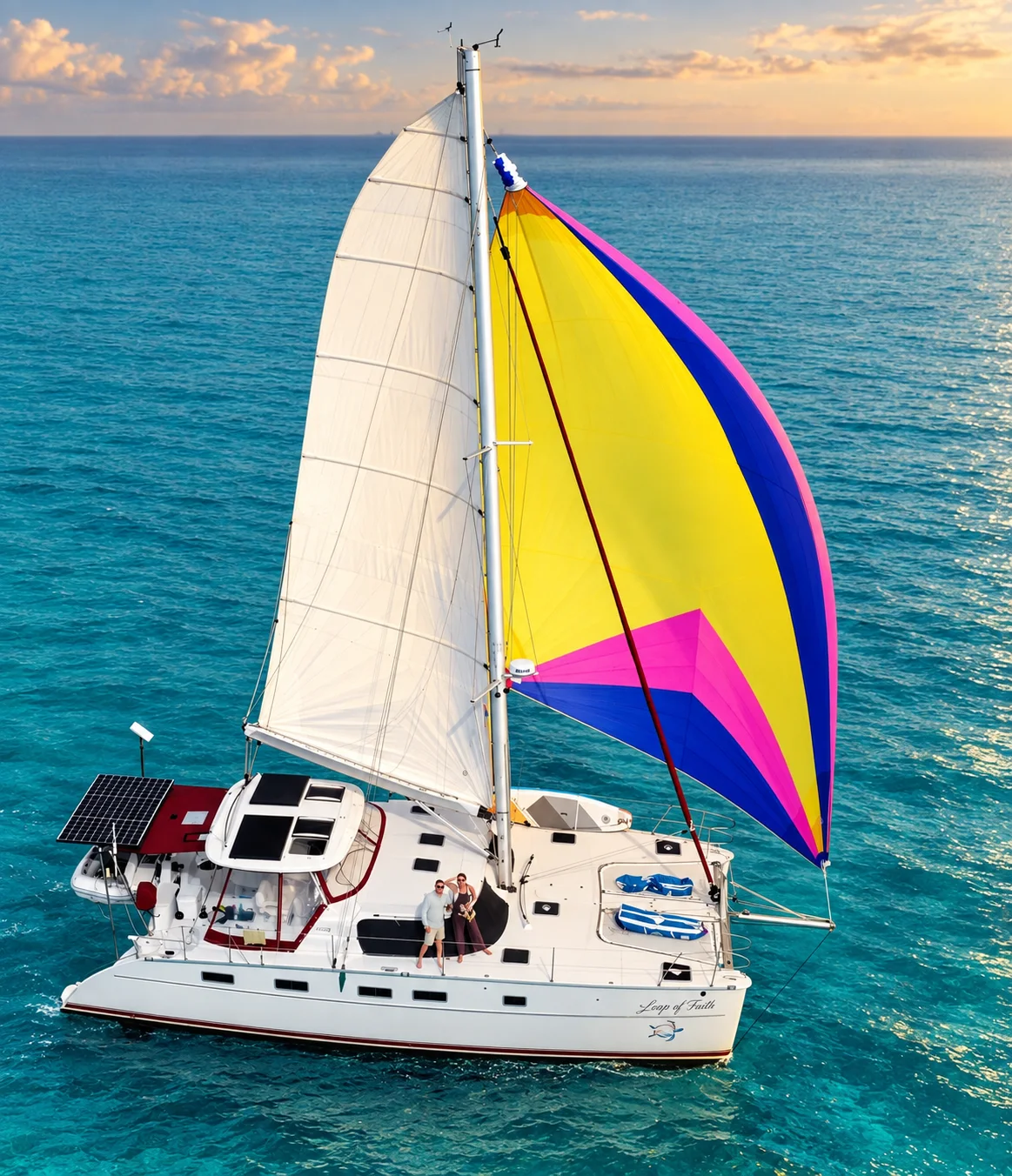 Jamey and Danielle Kabisch aboard Leap of Faith sailing under a colorful spinnaker