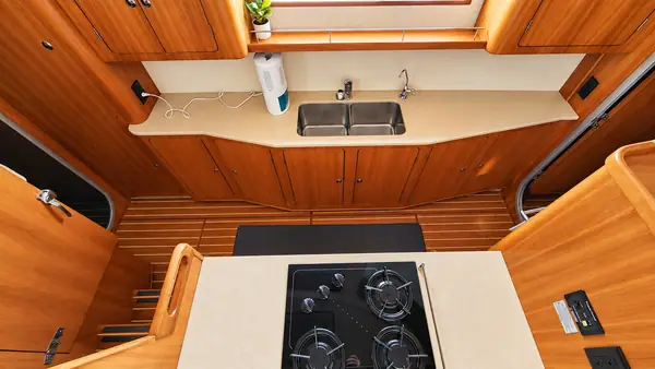 Leap of Faith Antares listing photo showing galley overhead.