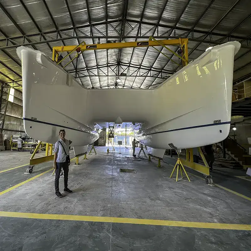 Antares catamaran hull structure in the build facility before deck installation
