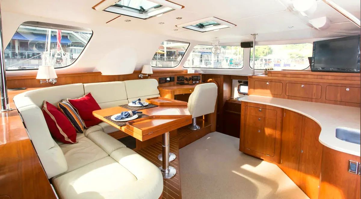 Warm Antares 44 GS saloon showing the home-like liveaboard interior