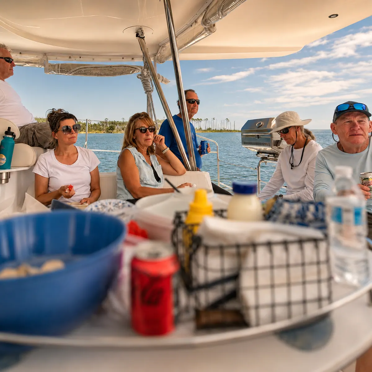 Antares owner community gathered in the cockpit during a supported cruising handover