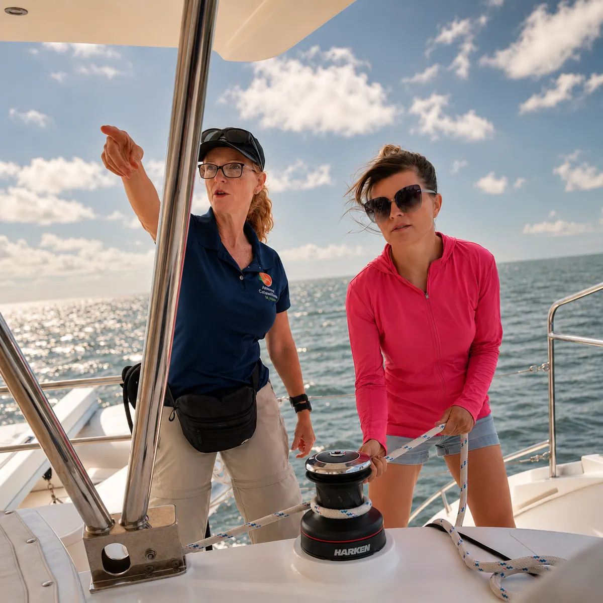Owners learning sail handling and line work aboard an Antares catamaran