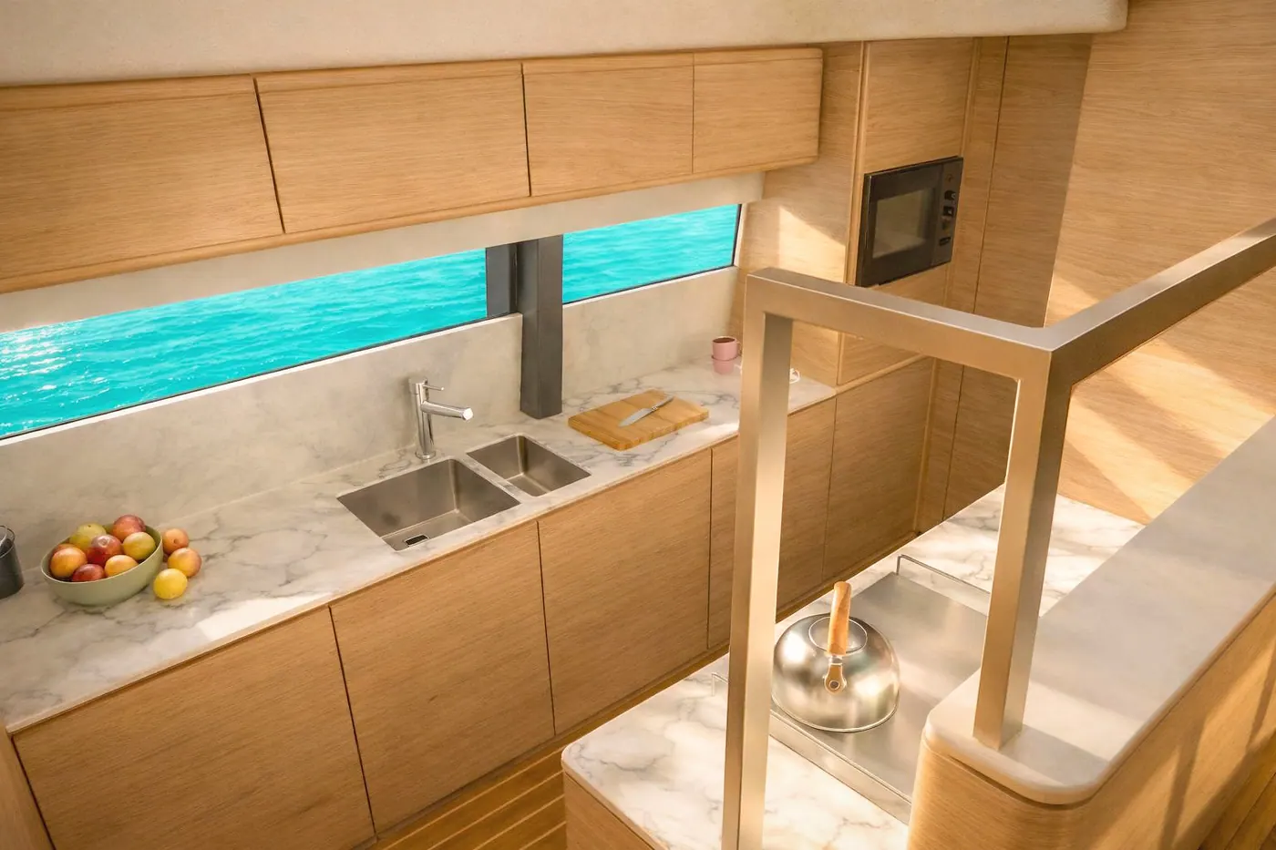 Antares 46 galley-down counter with sink, storage and ocean-view window