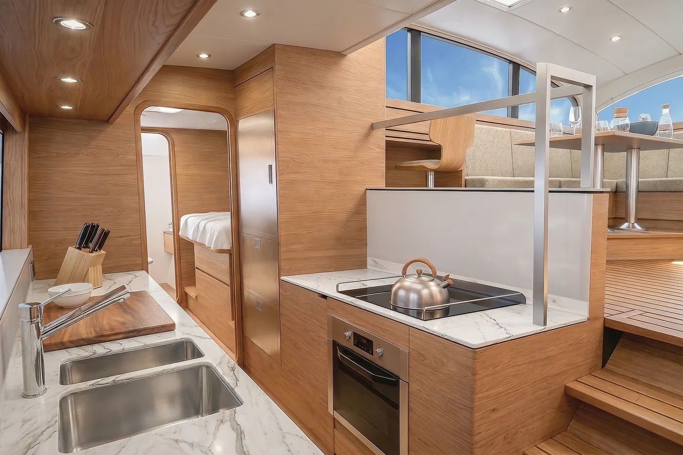Antares 46 galley-down view looking into the saloon and forward cabin