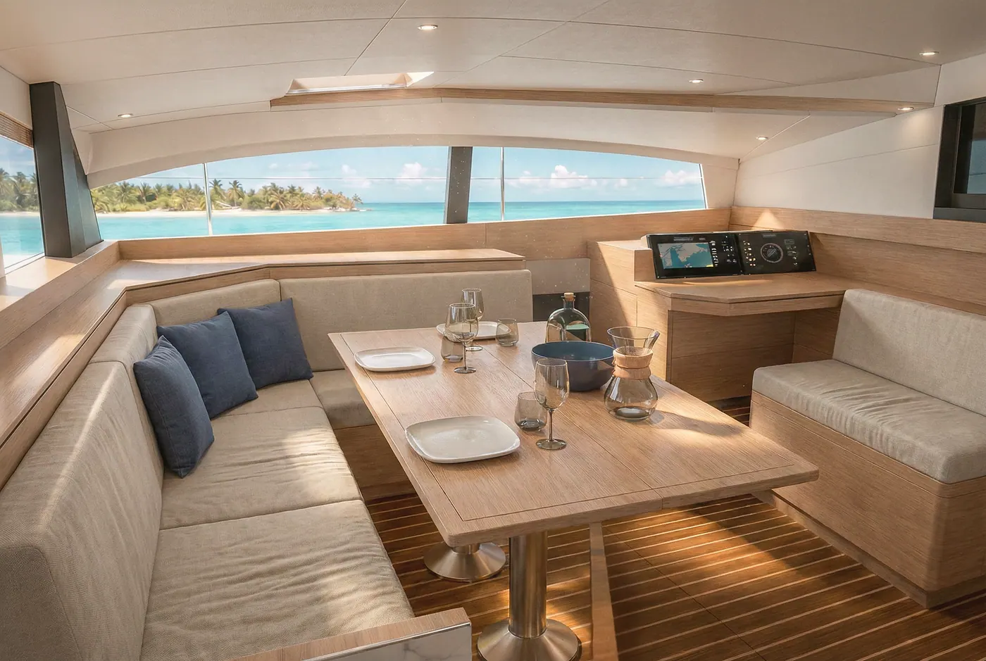 Antares 46 galley-up layout with nav station and saloon seating