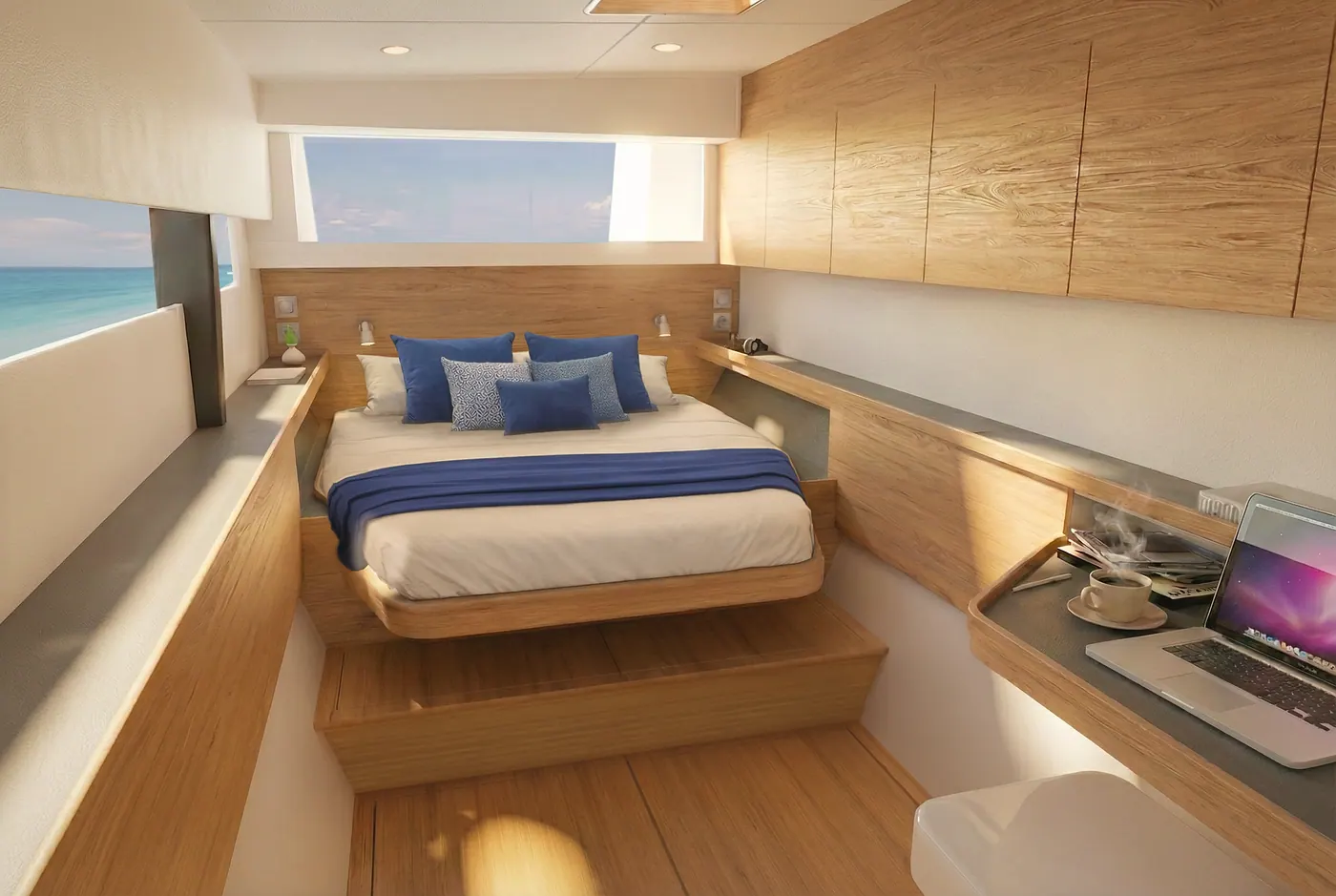 Antares 46 master cabin with island berth and warm wood cabinetry