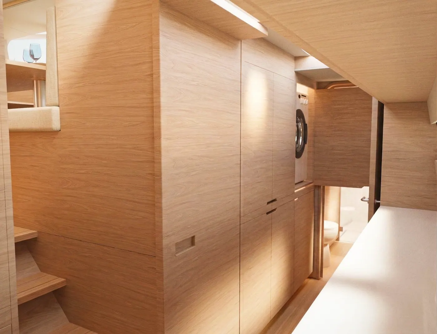 Antares 46 master ensuite with washer-dryer and storage cabinetry