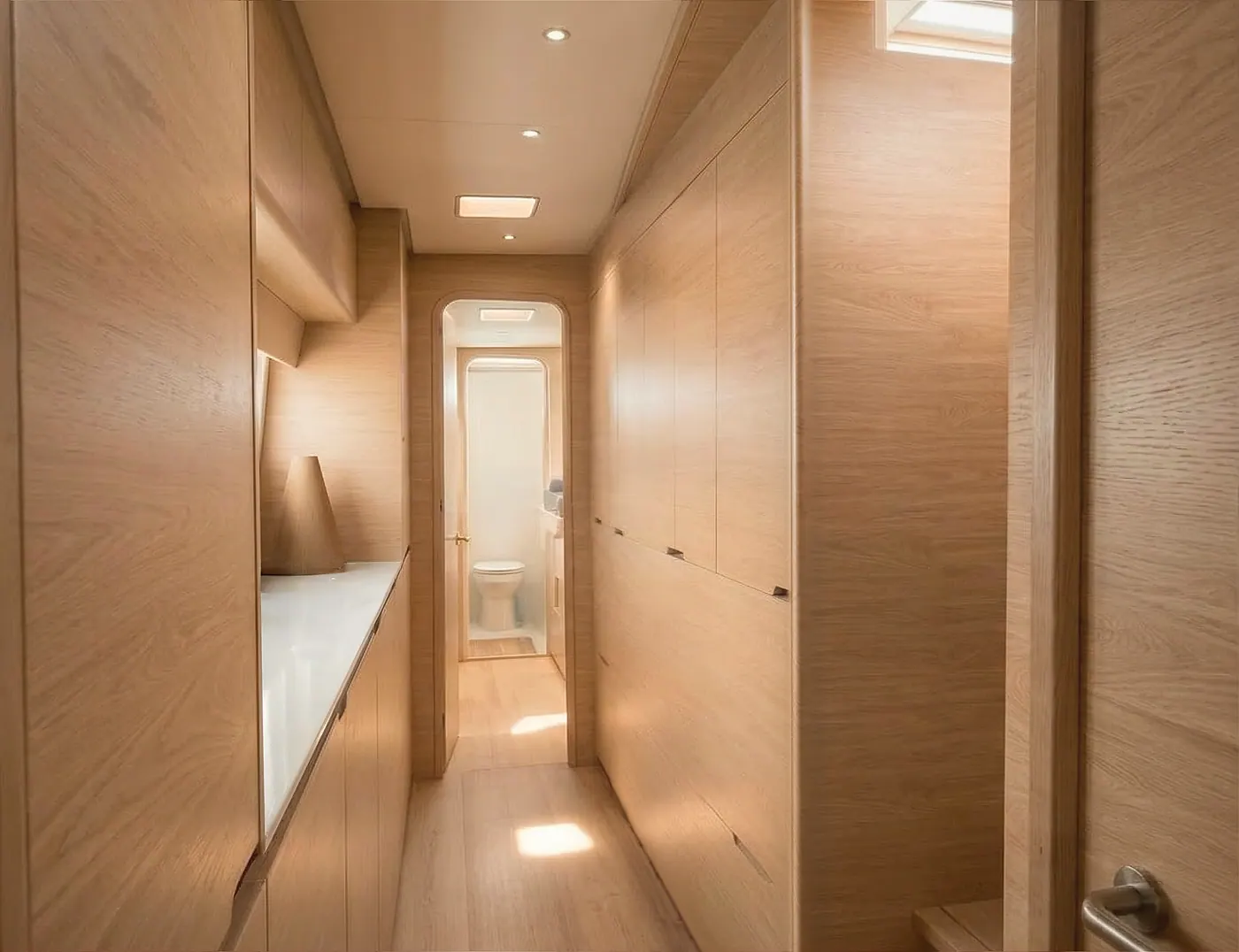 Antares 46 master hallway looking forward through handcrafted cabinetry