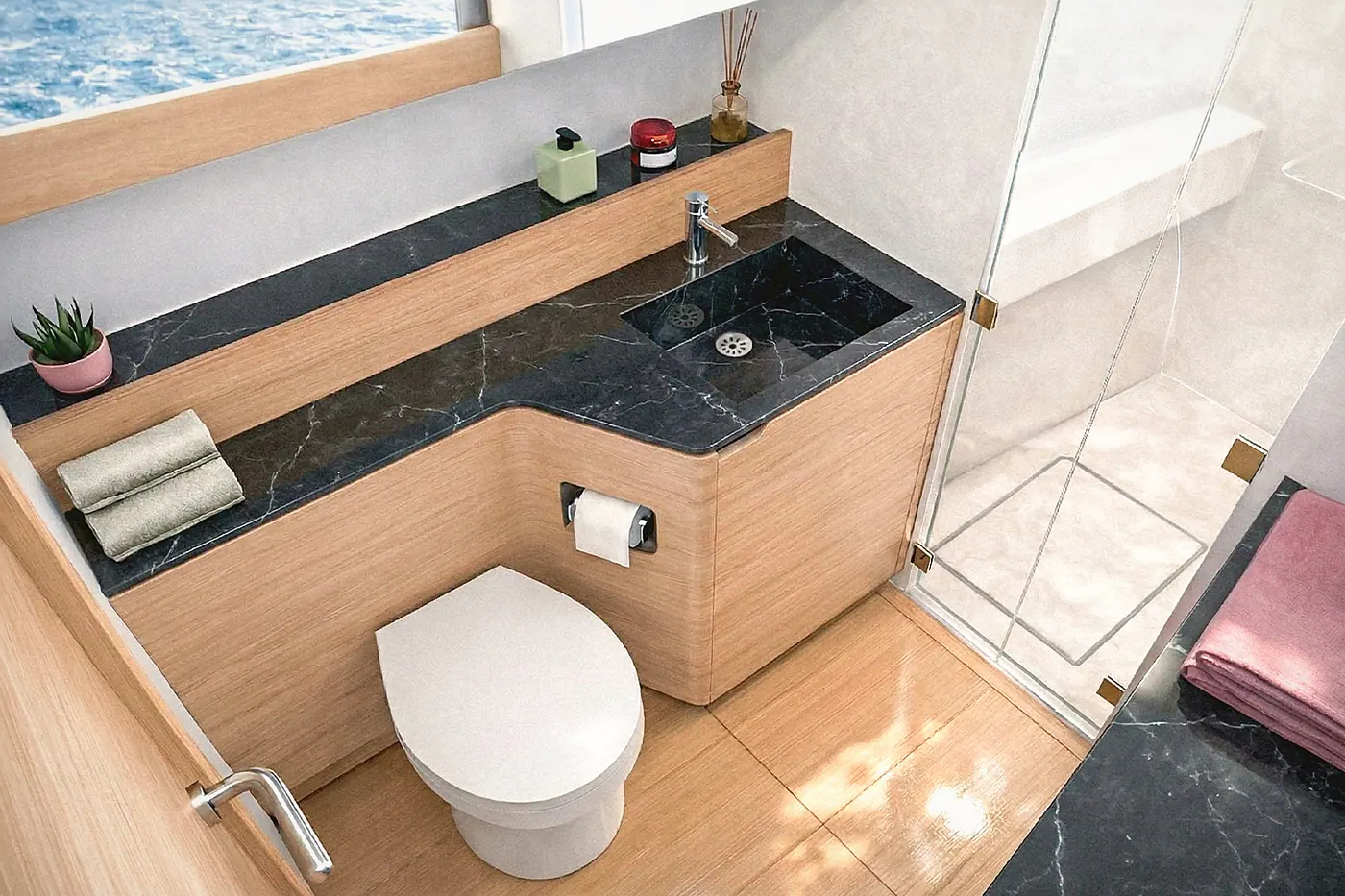 Antares 46 master head with vanity, toilet and separate shower area