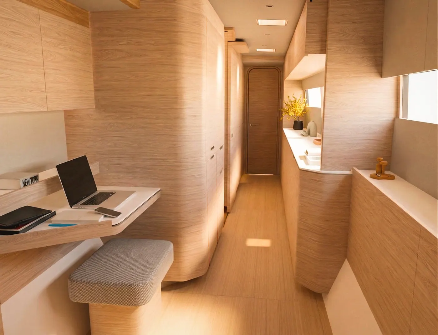 Antares 46 master suite hallway with desk and forward cabin access