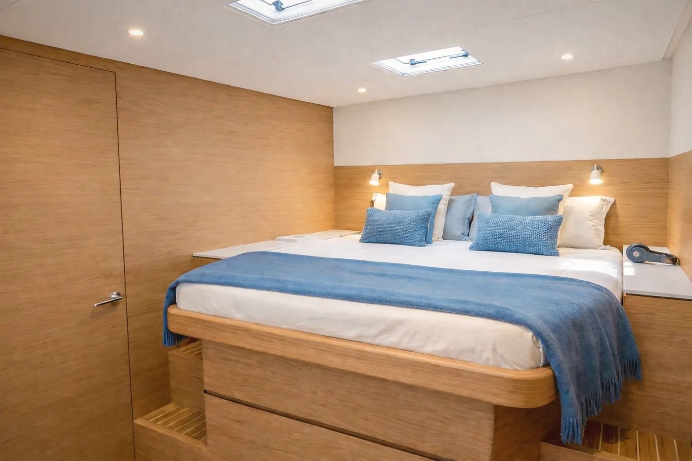 Antares 46 port forward cabin with double berth and overhead hatch