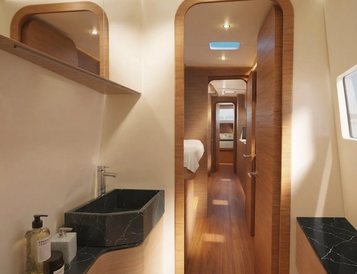 Antares 46 port forward head looking aft through the cabin doorway