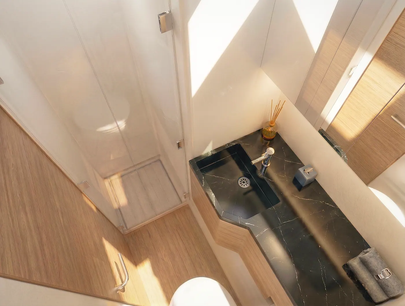 Antares 46 port forward head from above showing shower and vanity layout