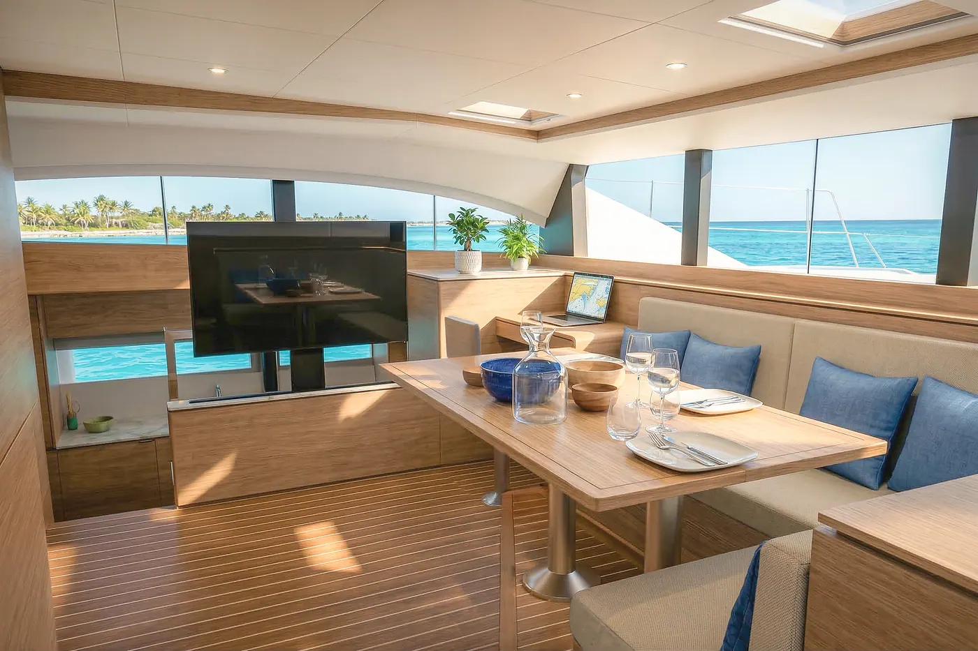 Antares 46 saloon and galley-down layout with TV and ocean views