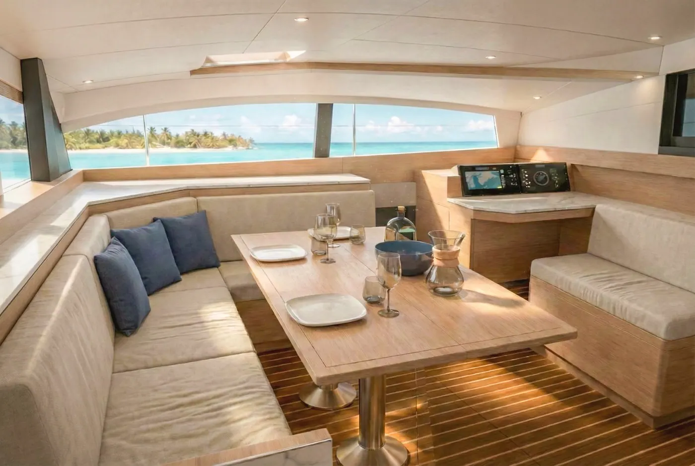 Antares 46 saloon with nav station, dining table and panoramic windows