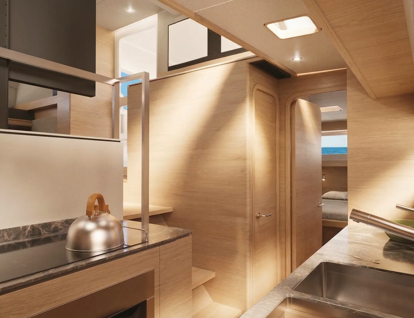 Antares 46 galley view into the saloon with handcrafted cabinetry