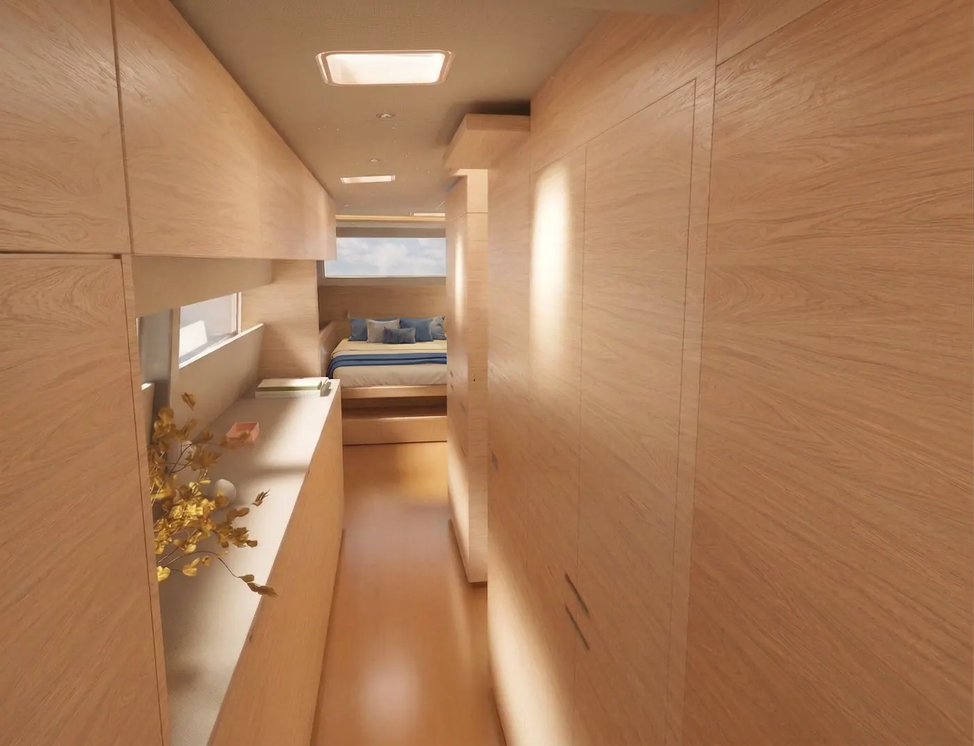 Antares 46 master hallway looking aft through warm interior woodwork
