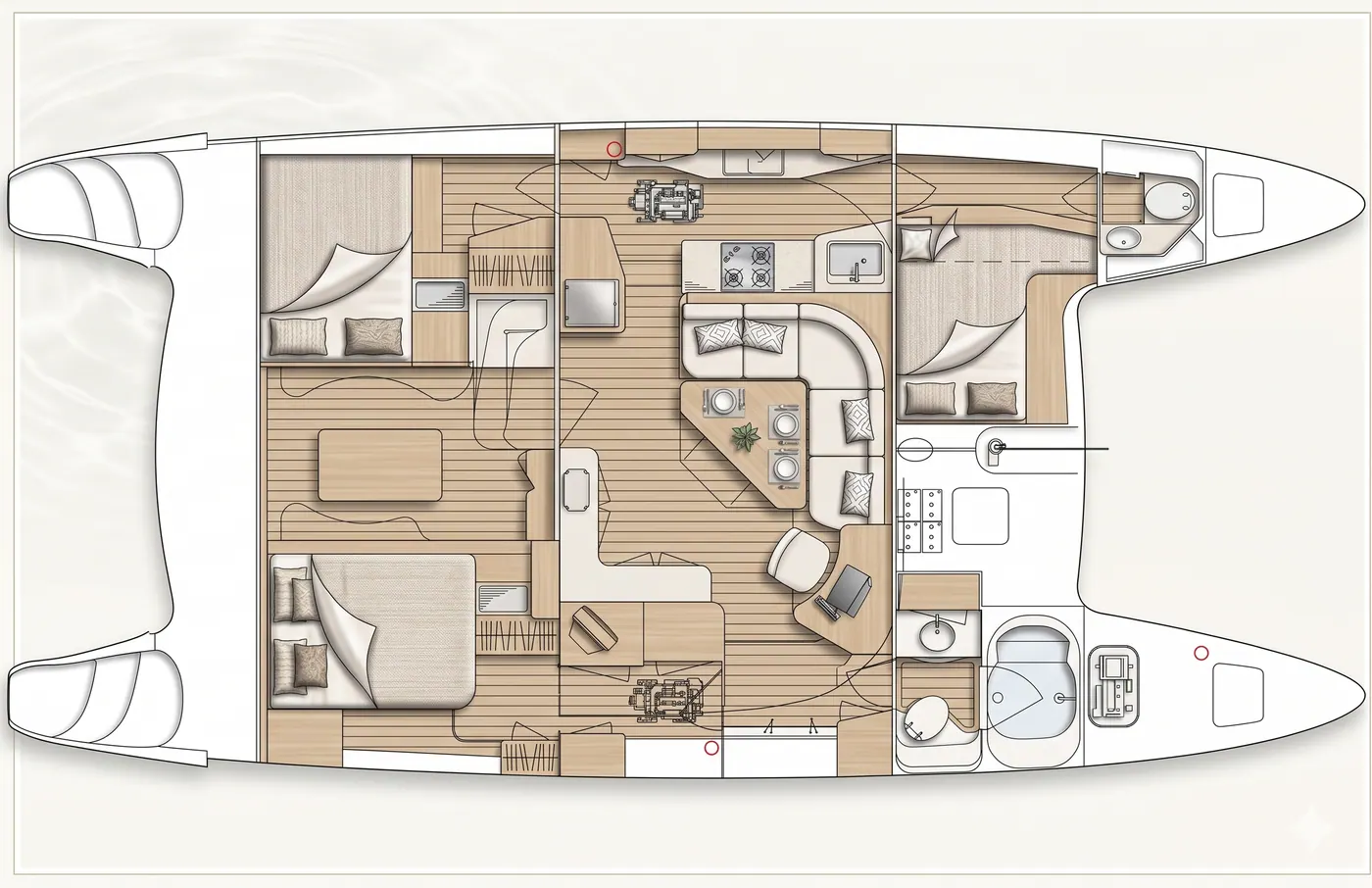 Antares 44 layout plan showing cabins, saloon, galley and cockpit arrangement