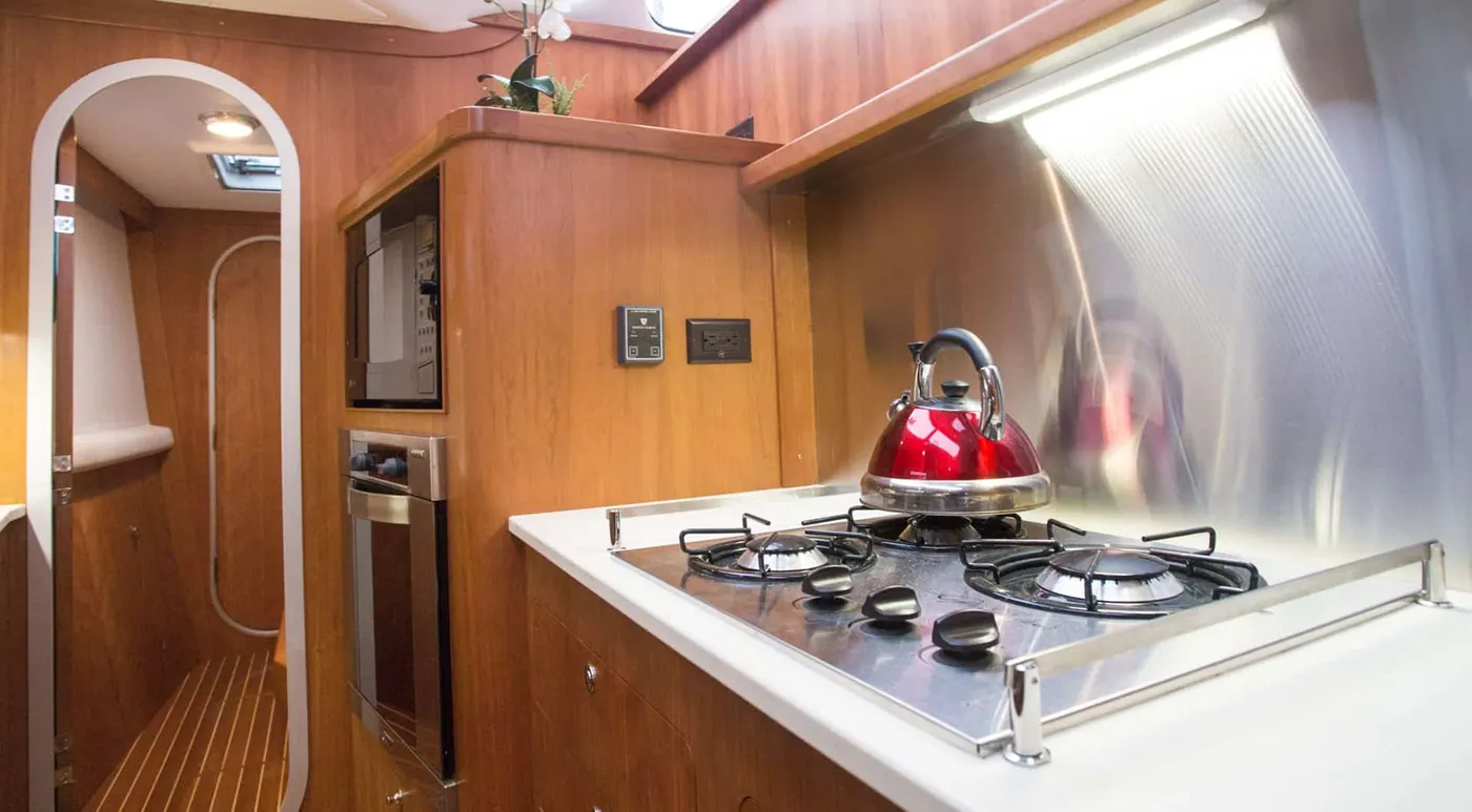 Antares 44 GS galley stove set into the handcrafted counter