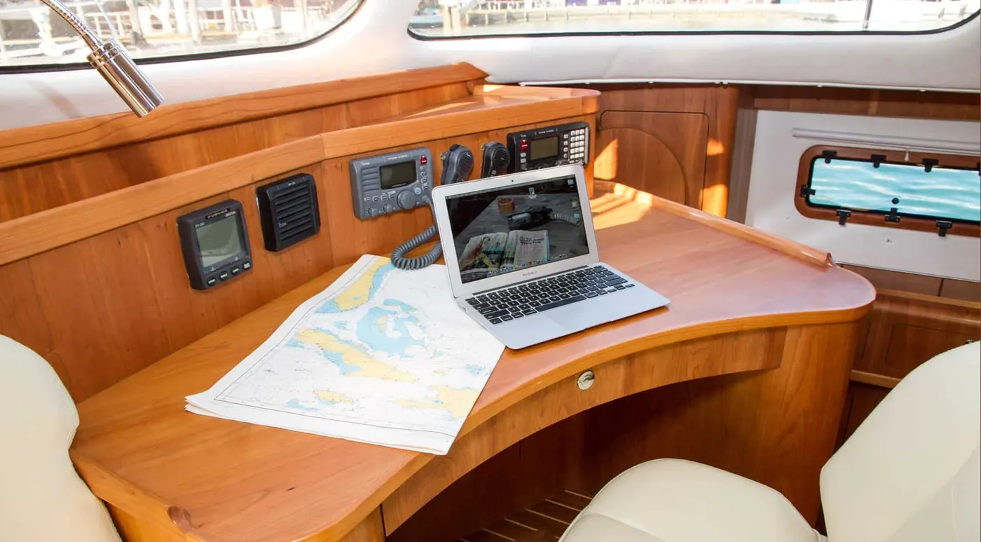 Antares 44 GS navigation station with chart table and laptop