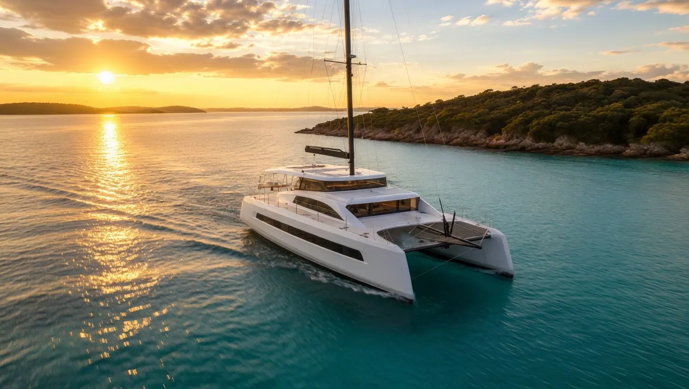 Fresh Antares 46 exterior profile at sunset for liveaboard model presentation