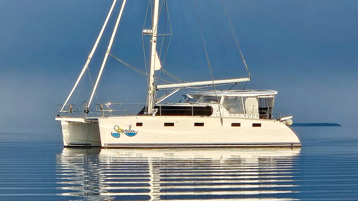 Antares 44 profile at anchor in calm blue water