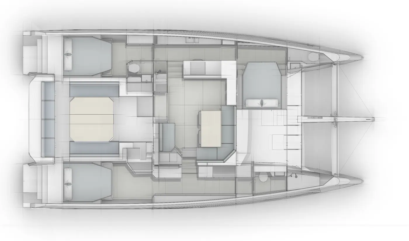 Antares 46 galley-down layout schematic showing saloon and cabin arrangement
