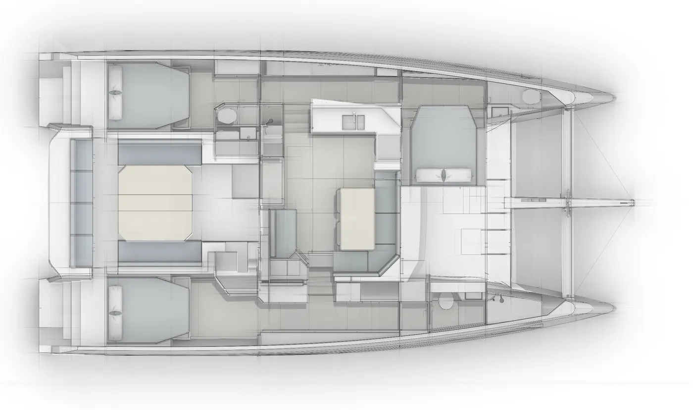 Antares 46 galley-up layout schematic showing interior arrangement