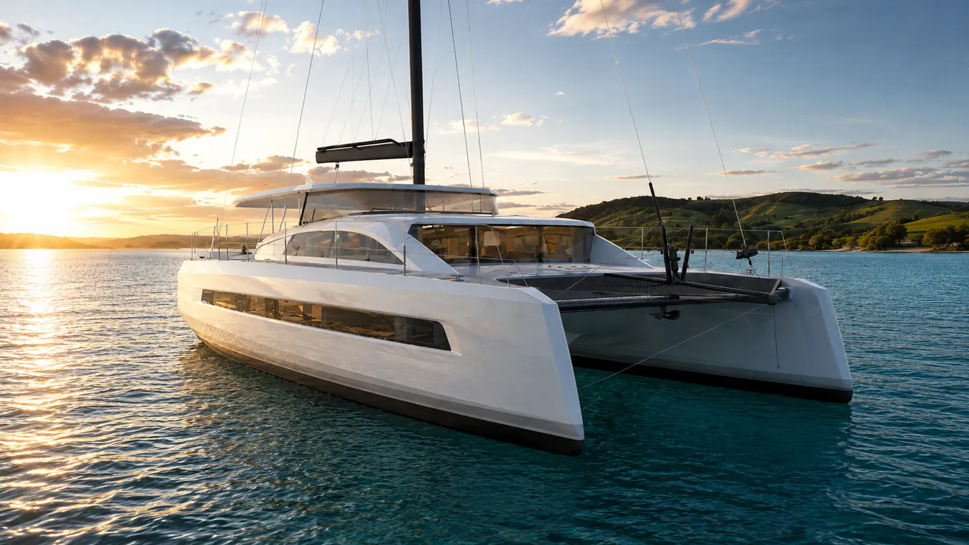 Antares 46 forward profile at sunset showing the bow and cabin house