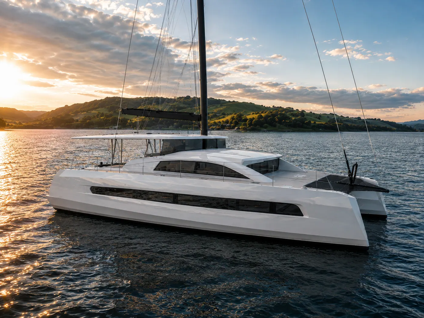 Antares 46 starboard profile at sunset in a protected anchorage