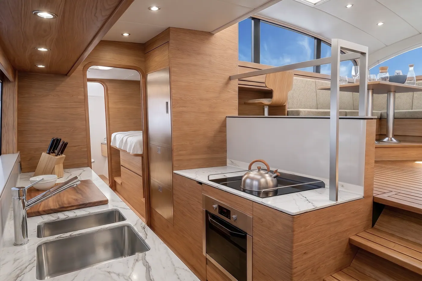 Antares 46 owner layout review interior with galley and saloon sightlines