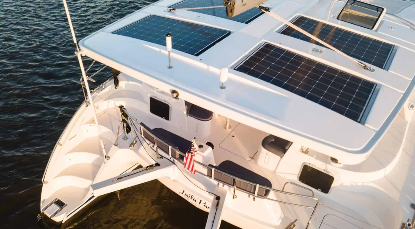 Antares 44 GS stern view showing solar panels, davits and transom steps