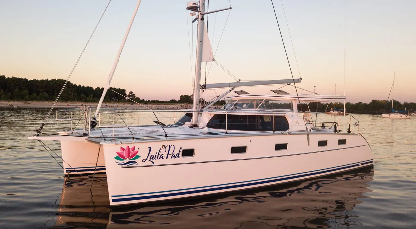 Antares 44 GS dockside profile with custom hull graphics