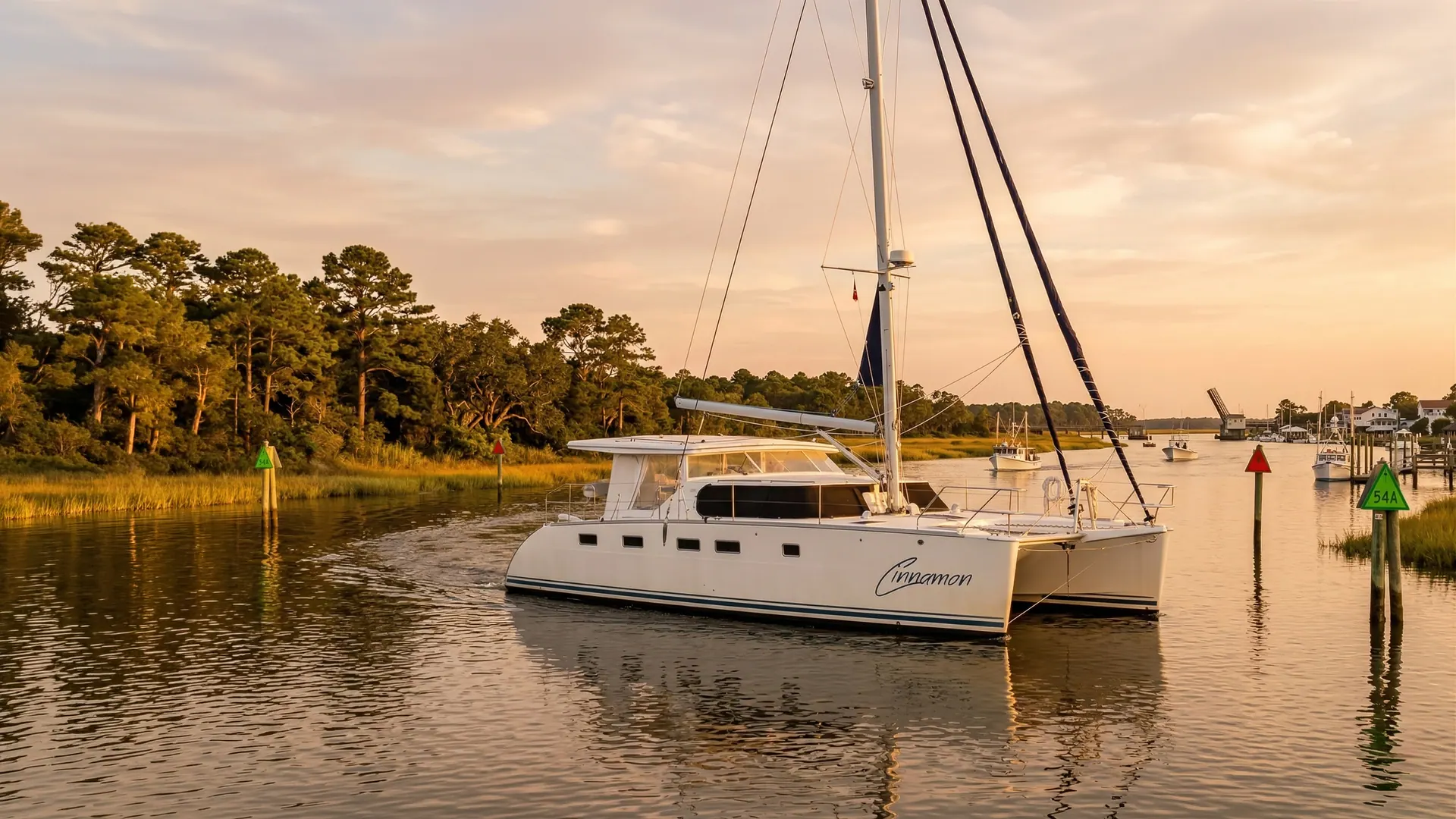 Antares catamaran anchored in a sheltered tropical cove