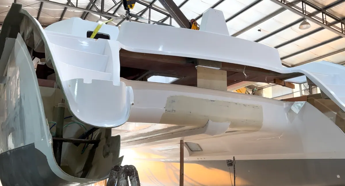 Antares deck-to-hull mounting detail visible under the bridgedeck during construction