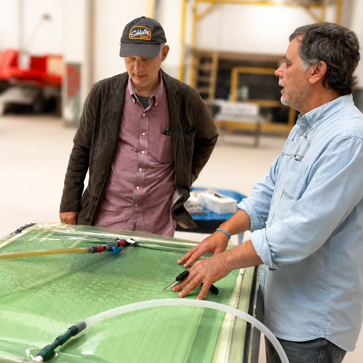 Antares vacuum infusion process with craftsmen reviewing a composite part