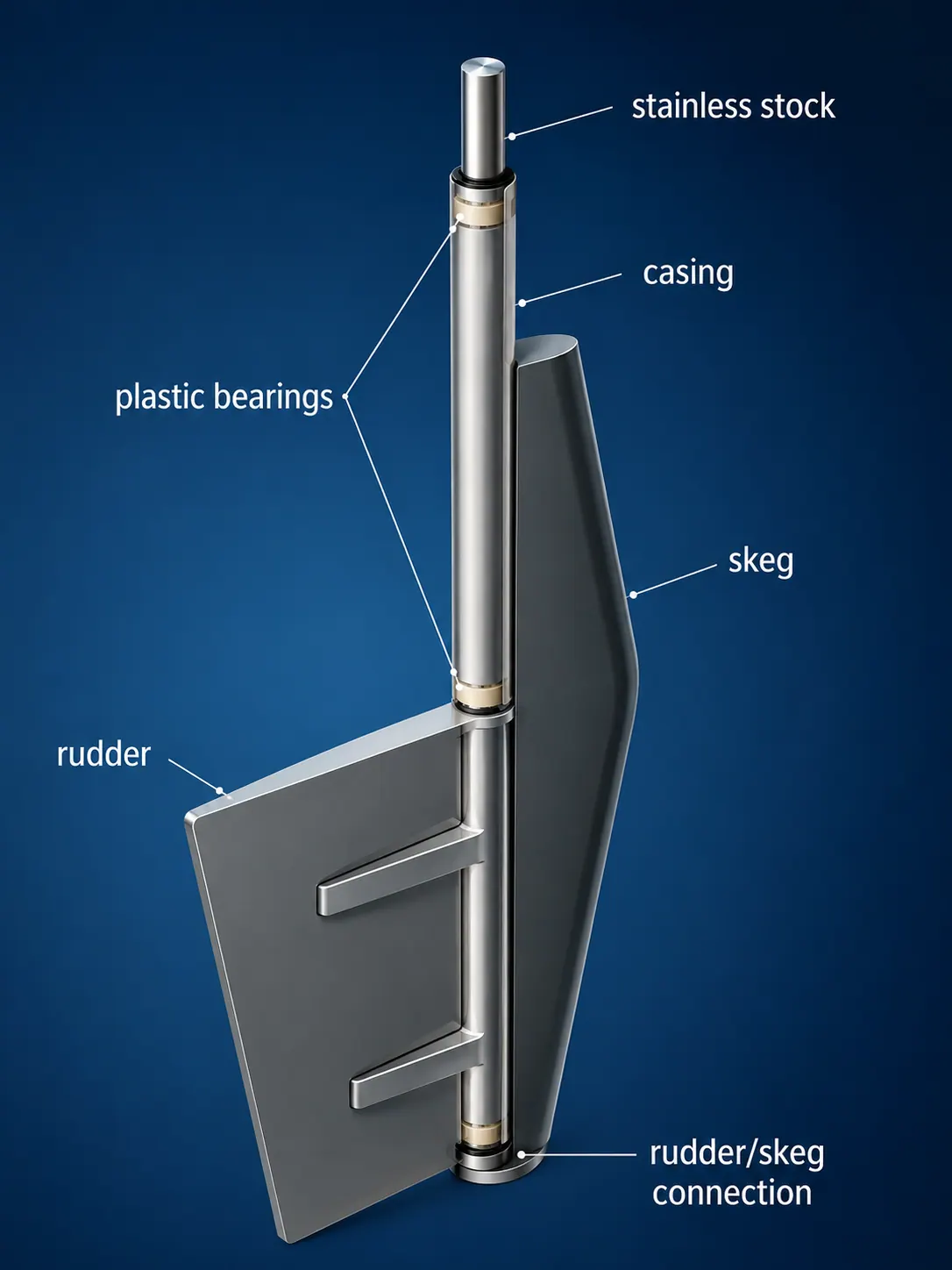 Skegged rudder diagram showing shaft, bearing, skeg and rudder protection
