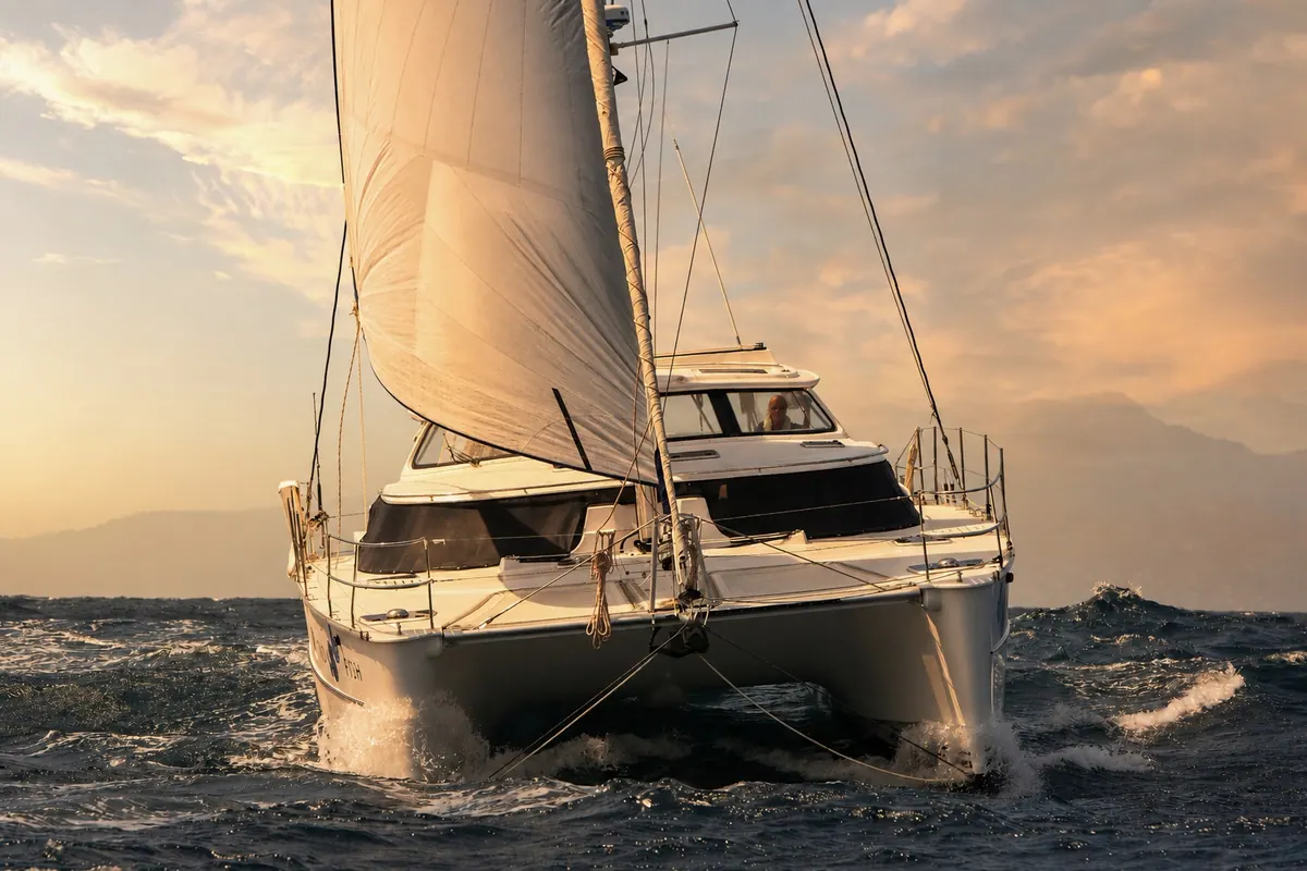Antares catamaran sailing offshore with reefed sails in bluewater conditions