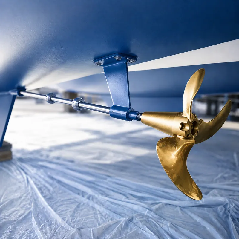 Antares shaft-drive propeller and skeg protection beneath the hull